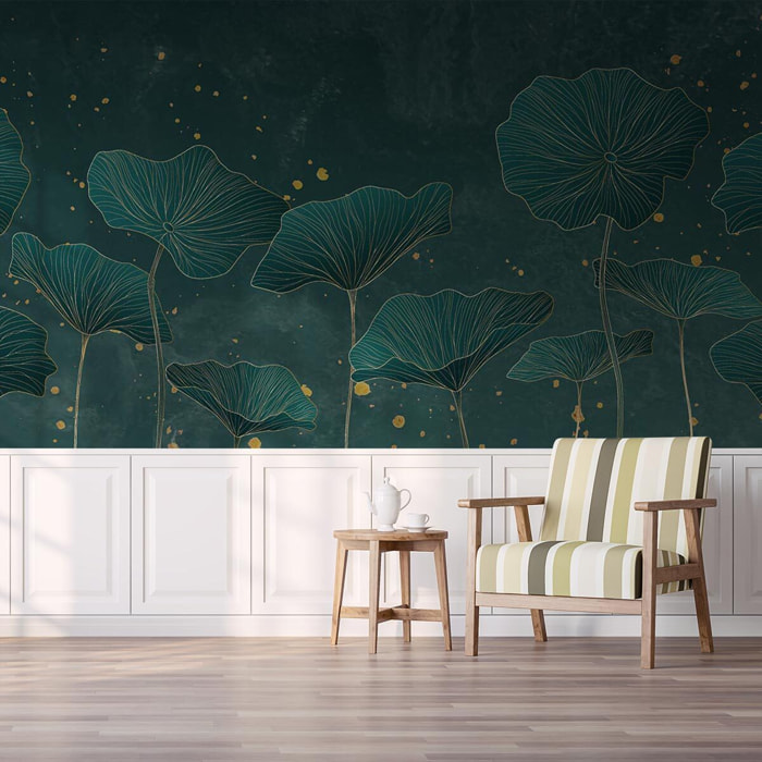 Papier peint lotus et feuillage vert profond touches dorées Intissé