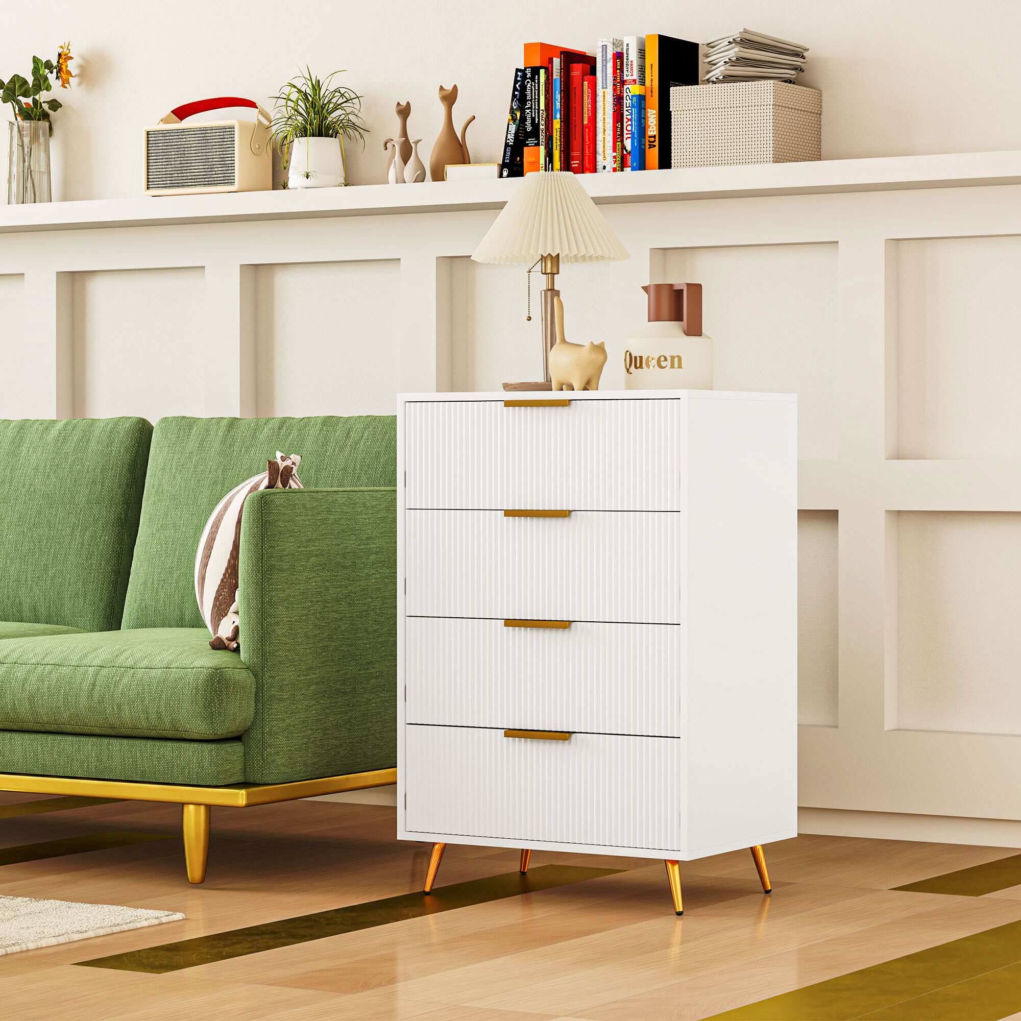 Cómoda con 4 Cajones Cómoda de Dormitorio Moderno con Frentes con Diseño Ondulado Anti-vuelco Cajonera para Salón Pasillo 60x40x90 cm Blanco