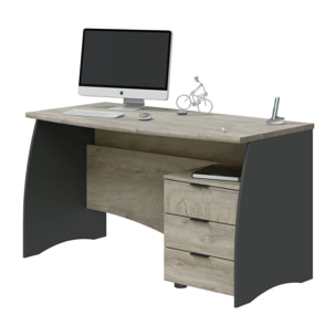 Scrivania Carrollton, Scrittoio da ufficio, Tavolo da studio porta PC con 3 cassetti, cm 136x67h74, Rovere e Antracite