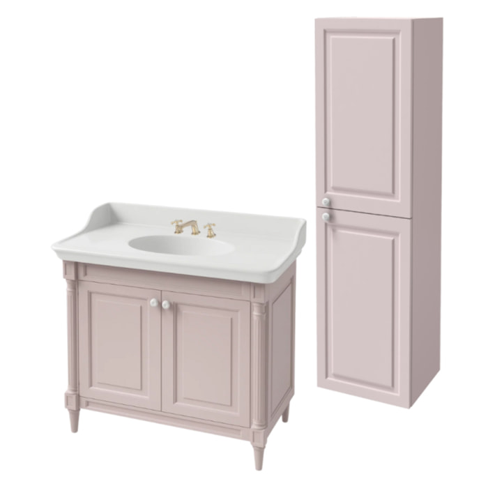 Pack meuble vasque 3 trous Cléo 1889 rose velours + colonne droite + mélangeur croisillons or