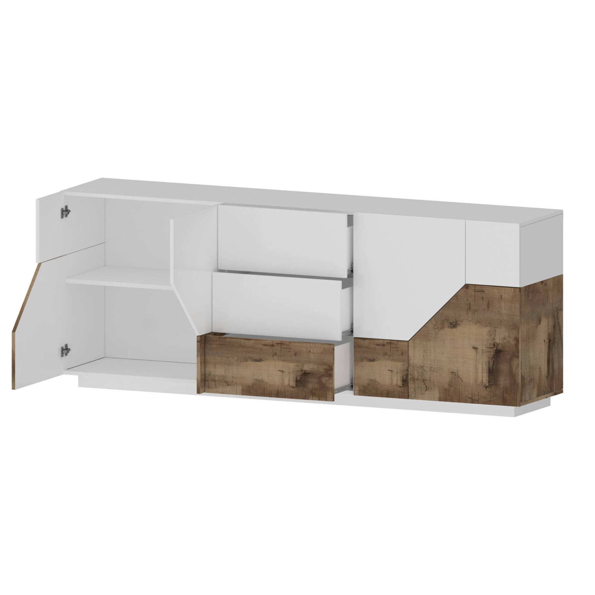 Credenza moderna a 4 ante geometriche e 3 cassetti, Made in Italy, Madia da cucina, Buffet di design da soggiorno, Cm 220x43h86, Bianco lucido e Acero