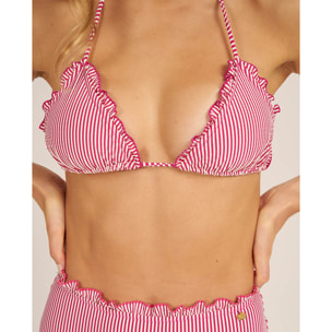 Top de bikini triángulo con pequeño volante y estampado de rayas
