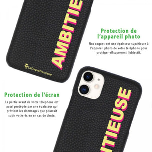 Coque iPhone 11 effet cuir grainé noir Ambitieuse jaune et fushia Design La Coque Francaise