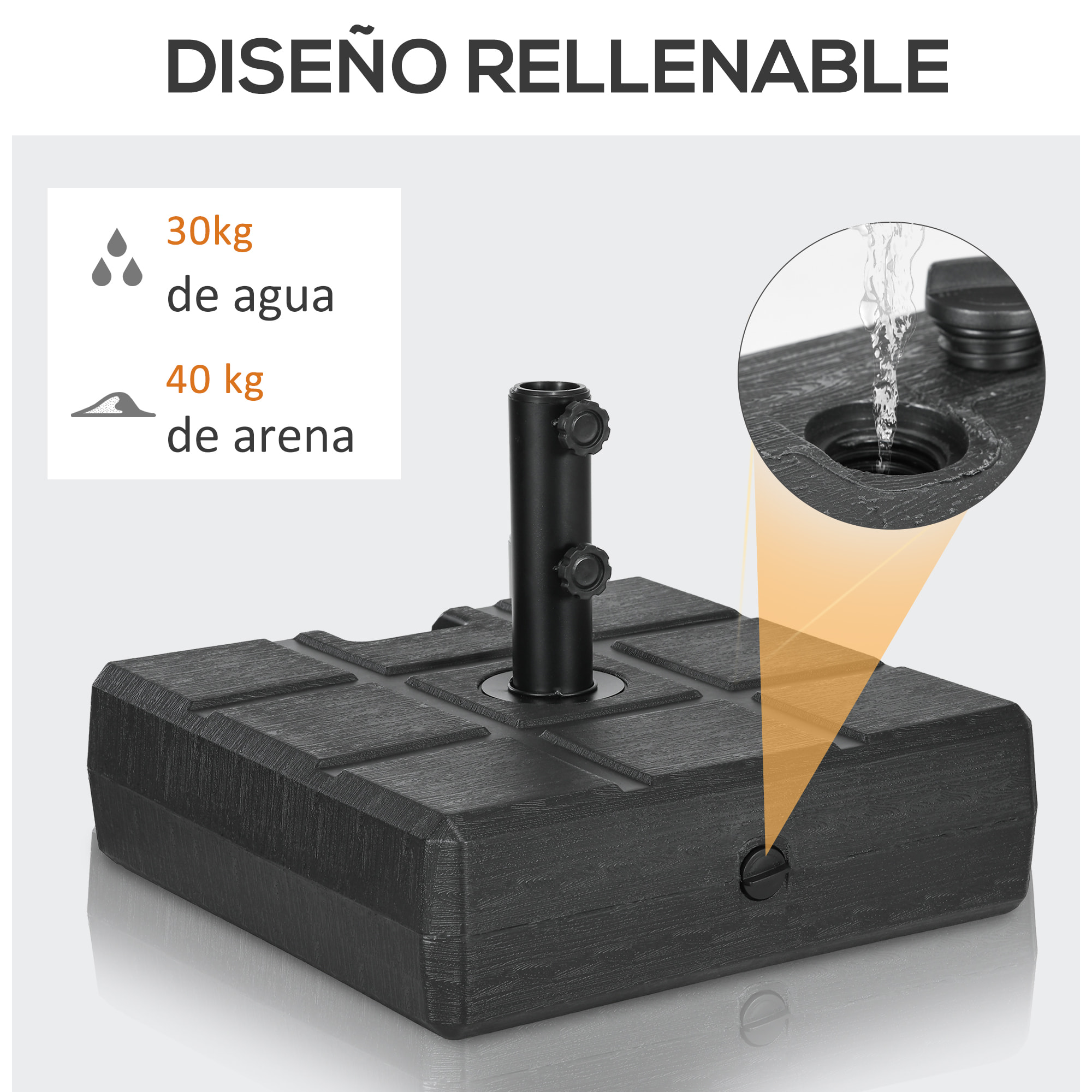 Base de Sombrilla Rectangular Soporte para Parasol Rellenable de Agua 30 kg y Arena 40 kg para Poste de Paraguas de Ø38/48 mm para Terraza Patio Jardín 49x49x36,5 cm Negro