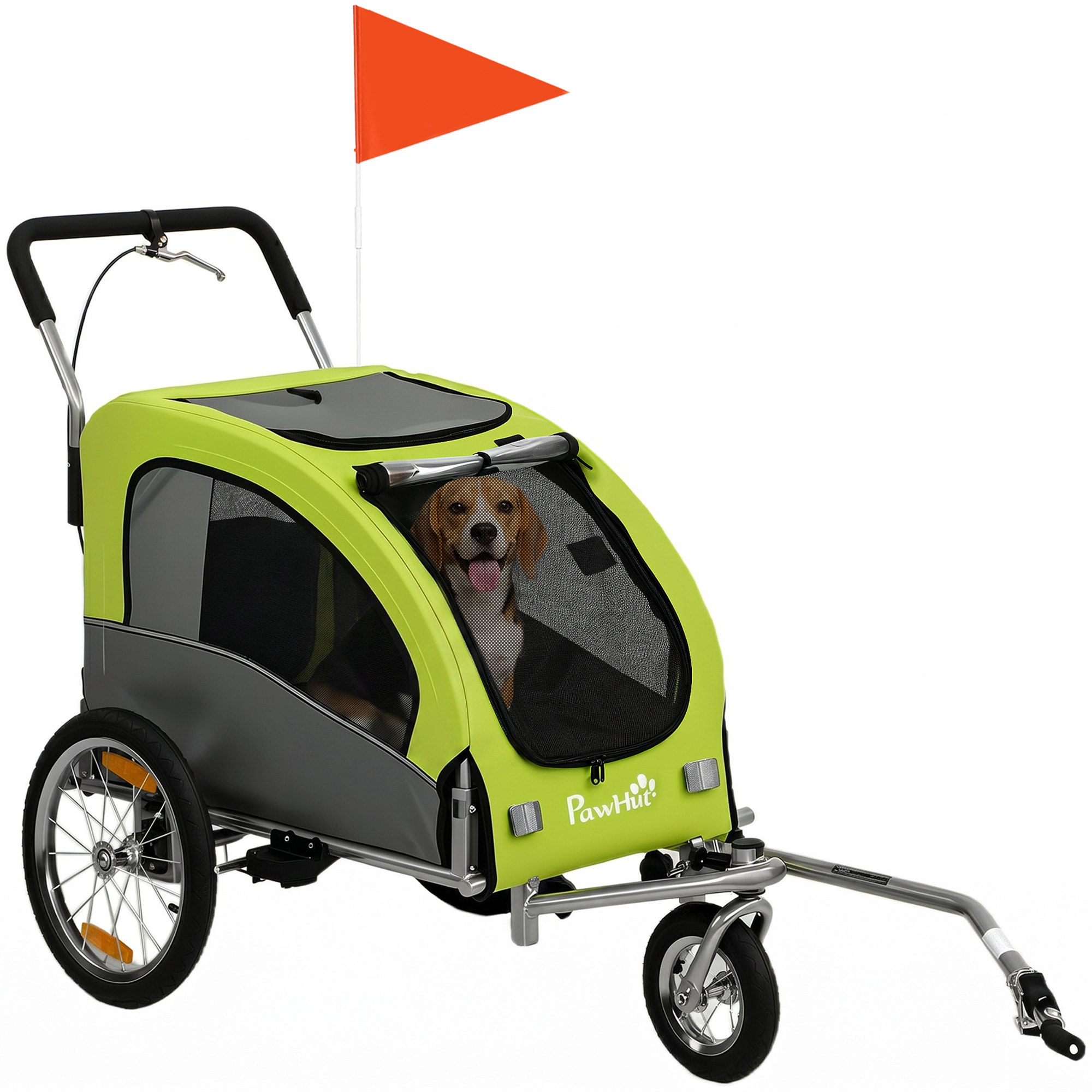 Remolque de Bicicleta Perros 2 en 1, Carrito para Perros Medianos hasta 20 kg y Gatos Plegable con Suspensión, Neumáticos Grandes, Ventanas de Malla, Freno de Mano, Reflectores, Bandera, Verde