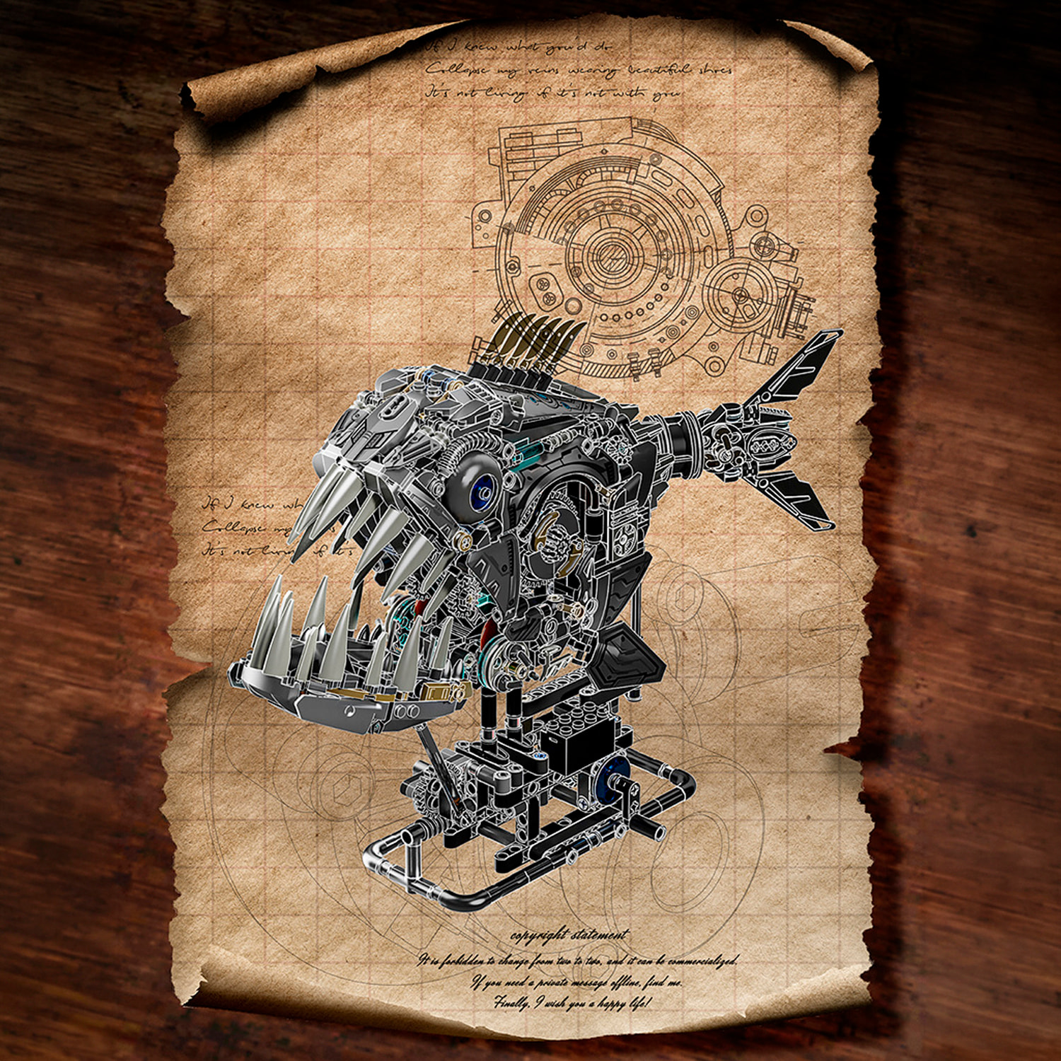 Maqueta 3D mecanizada de piraña con 1085 piezas, equipada con luces y mecanismo de manivela que permite movimiento dinámico.