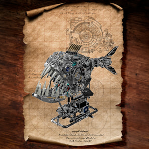 Maqueta 3D mecanizada de piraña con 1085 piezas, equipada con luces y mecanismo de manivela que permite movimiento dinámico.