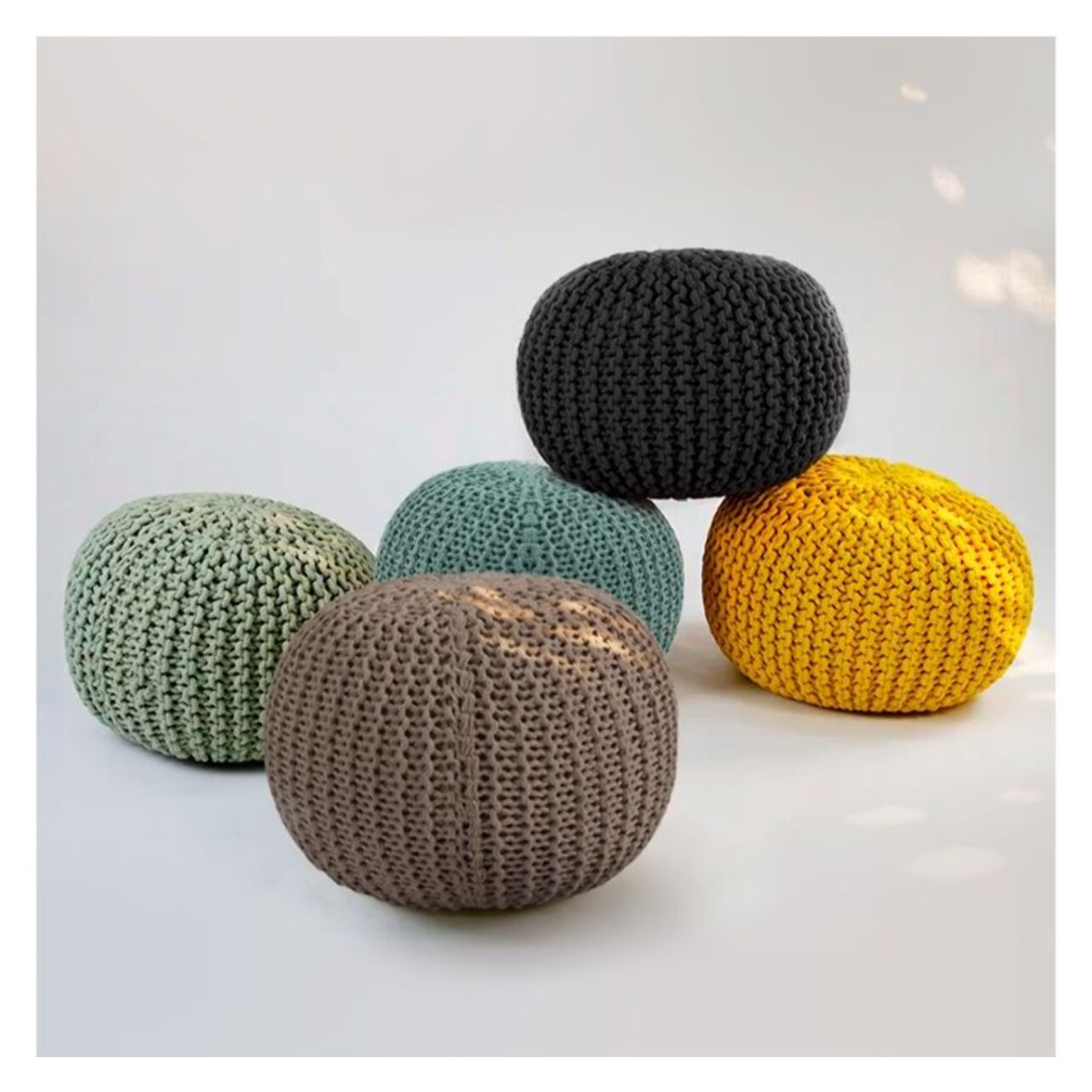 Pouf tricot rond en coton jaune moutarde D40 cm - Elisa