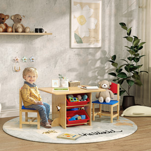 Mesa y Sillas Infantiles de 3 Piezas Mesa Infantil con 2 Sillas y 4 Cestas de Almacenamiento Juego de Muebles para Actividades para Niños de +3 Años para Sala de Juegos Natural