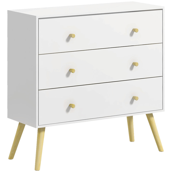 Commode 3 tiroirs design scandinave piètement effilé incliné bois pin panneaux blanc