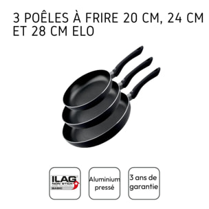 Set de 3 poêles à frire 20 cm 24 cm et 28 cm fond en nid d'abeille et doseur d'huile Elo Smart Life