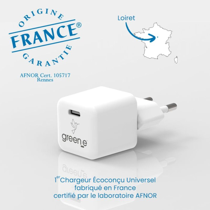 Chargeur USB C GREEN_E USB-C 20W Blanc Origine France Garantie