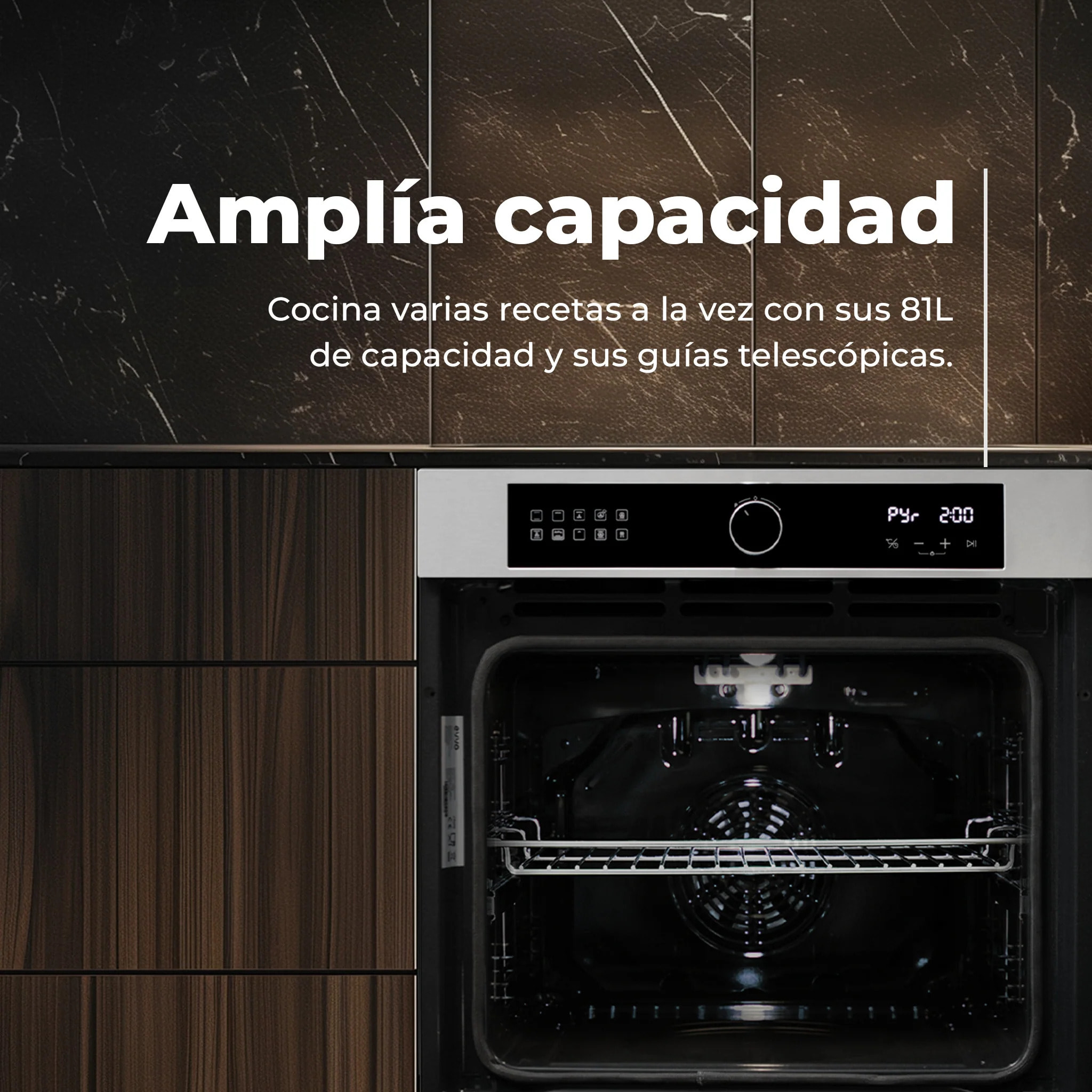 EVVO Horno H30 Pyro, 81L, clase A, 11 programas, pirólisis, display táctil digital, temporizador, puerta triple cristal, negro.