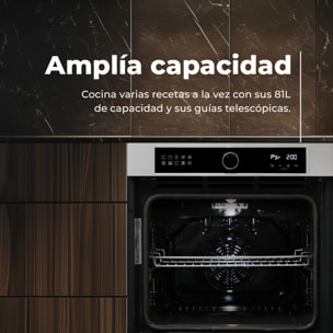 EVVO Horno H30 Pyro, 81L, clase A, 11 programas, pirólisis, display táctil digital, temporizador, puerta triple cristal, negro.