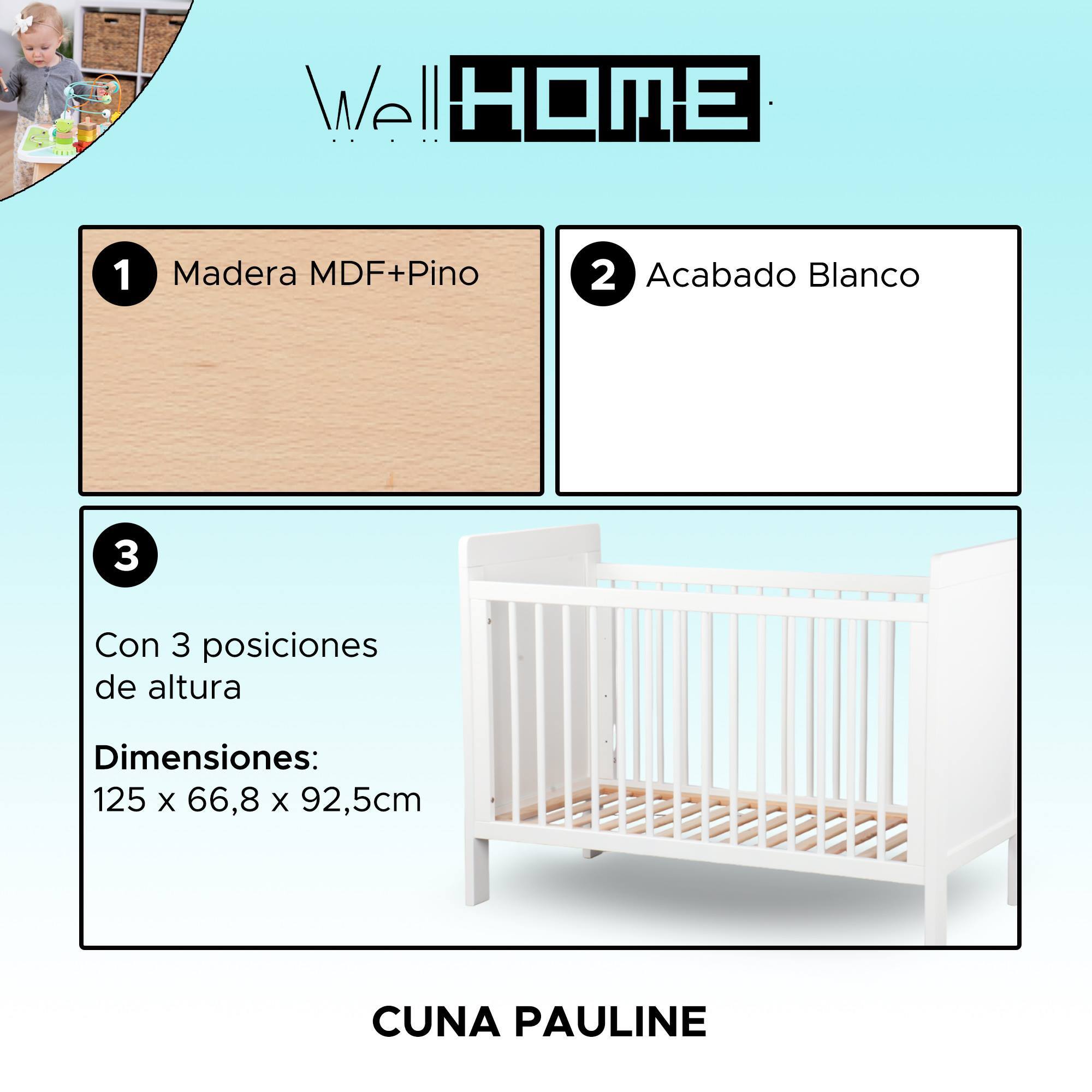 Cuna 'pauline' con 3 posiciones de altura de cama blanco - WellHome Kids