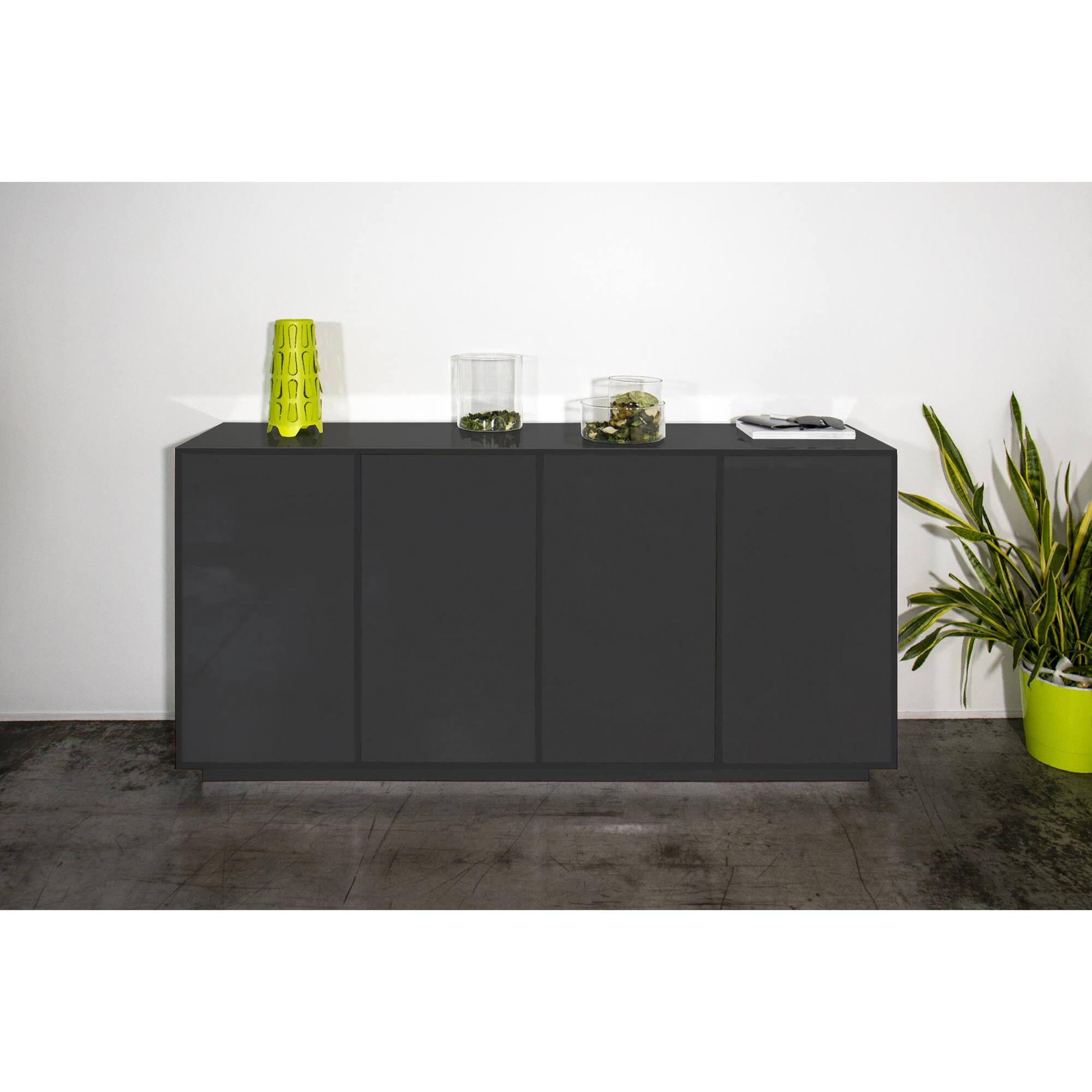 Credenza Virgilio, Madia da cucina a 4 ante, Buffet da soggiorno, 100% Made in Italy, cm 180x41h86, Antracite lucido