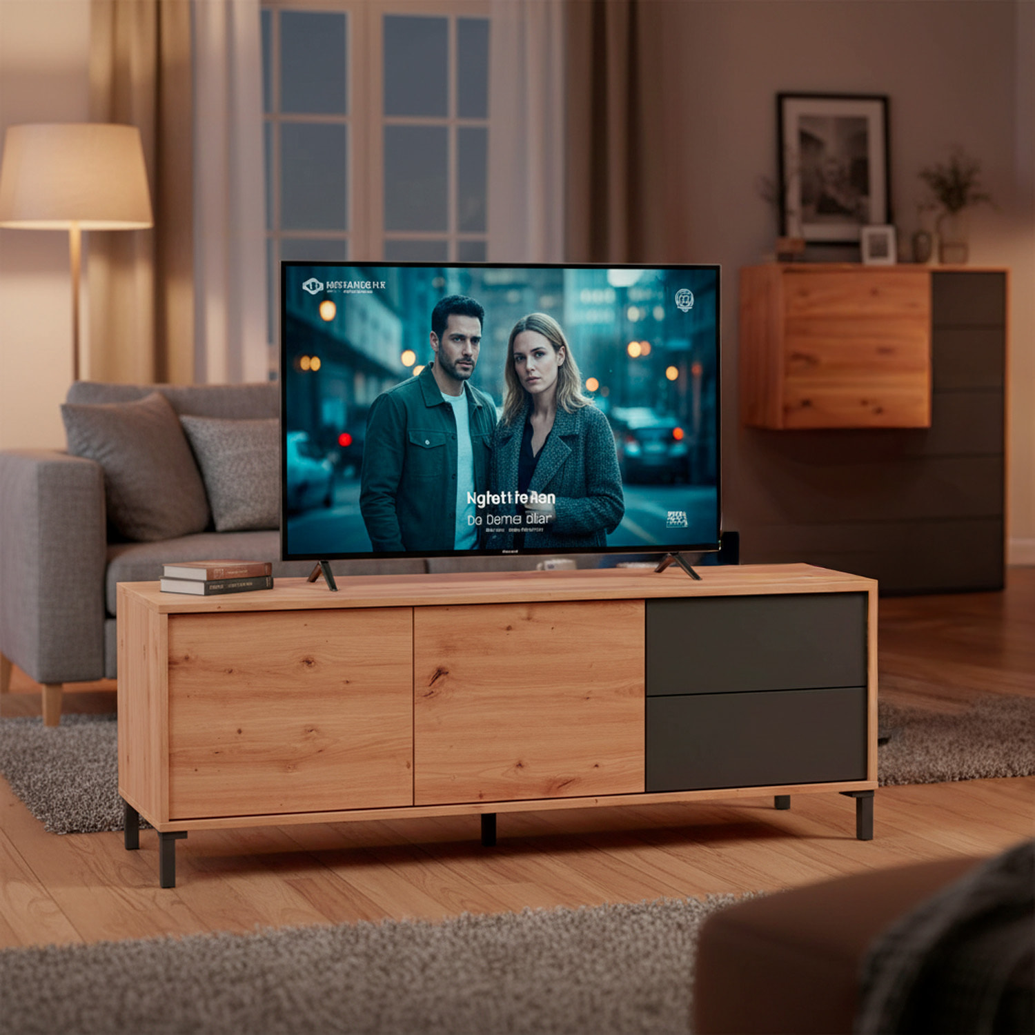 Mobile TV Madia Credenza Moderna Con 2 Ante E 2 Cassetti Mobile Contenitore Soggiorno Sala Pranzo Apertura Push 47x130x41 Cm Rovere e Grigio Antracite