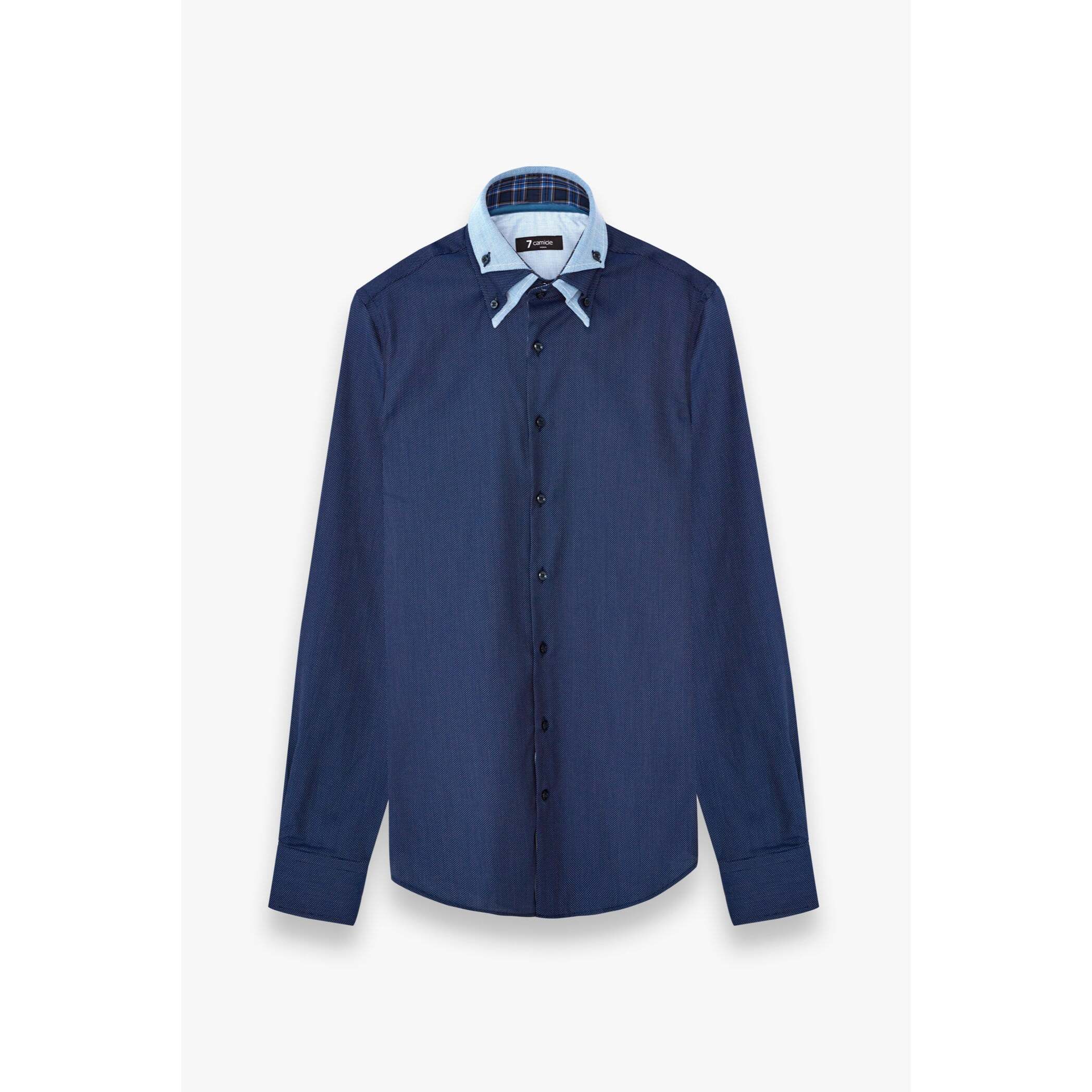 Camicia Uomo 2 Bottoni Button Down Triplo Collo Slim Popeline Fantasia Blu\Bianco