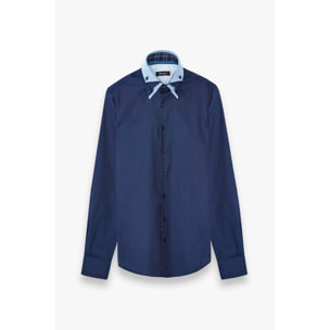 Camicia Uomo 2 Bottoni Button Down Triplo Collo Slim Popeline Fantasia Blu\Bianco