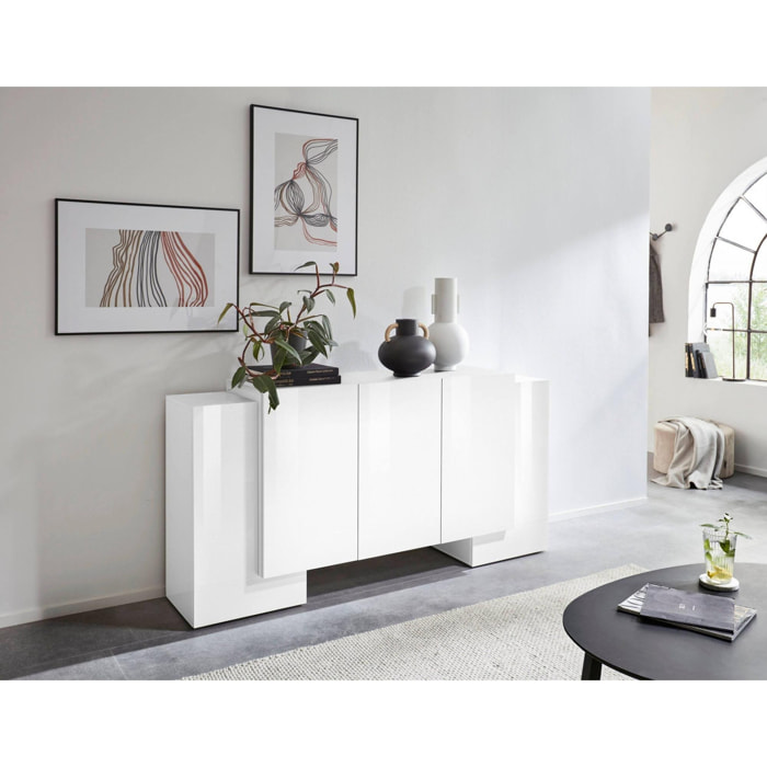 Credenza moderna a 5 ante, Made in Italy, Madia da cucina, Buffet di design da soggiorno, cm 170x45h85, colore Bianco lucido