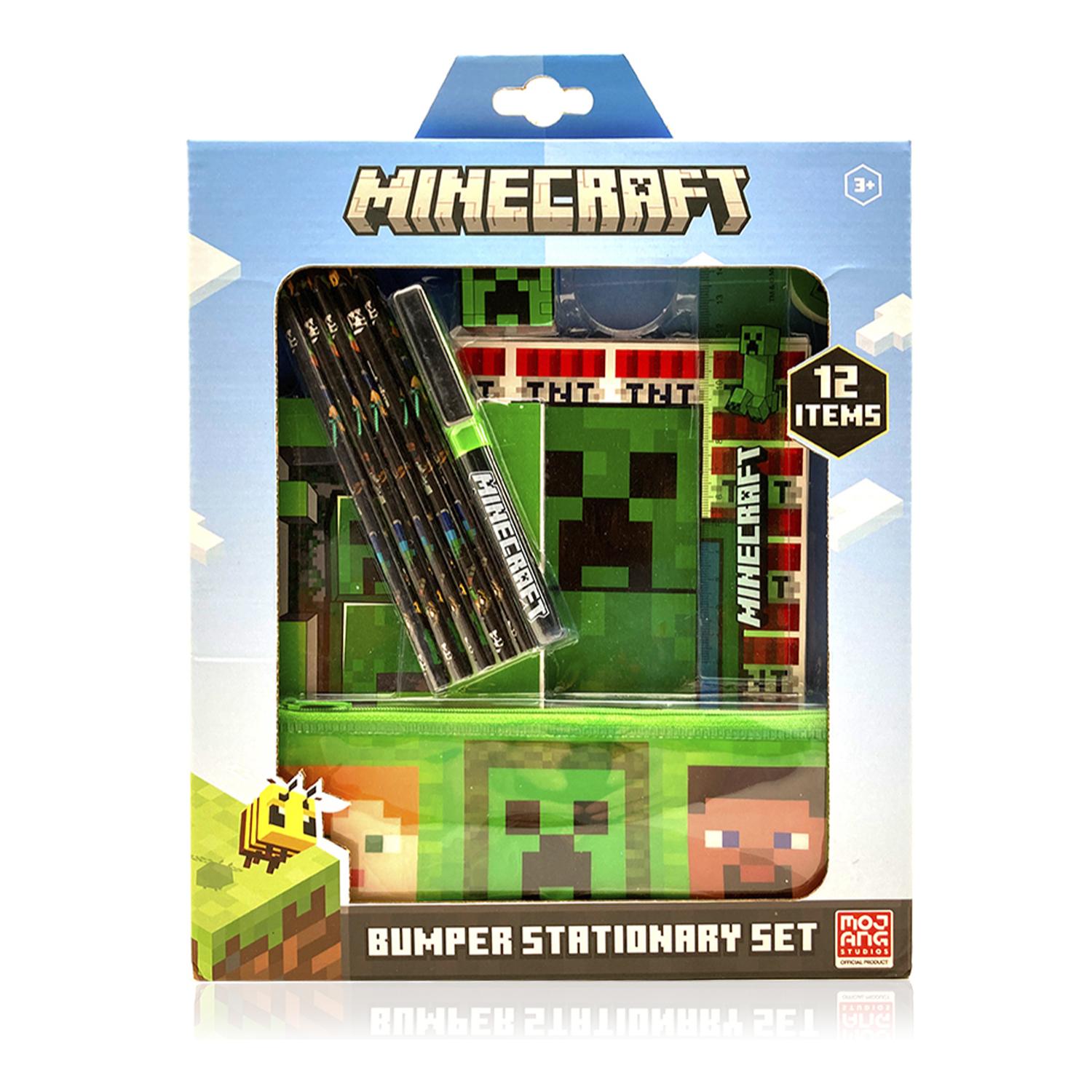 Set di cancelleria Minecraft. Quaderno A5, quaderno, astuccio, matite colorate, penna, gomma, temperamatite e righello.