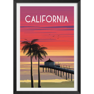 Affiche ville voyage California dream Affiche + cadre en bois - Noir