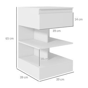 Mesita de Noche Mesa Auxiliar con Cajón y 2 Estantes Abiertas para Dormitorio Salón Cama Oficina Estilo Moderno 39x39x65 cm Blanco