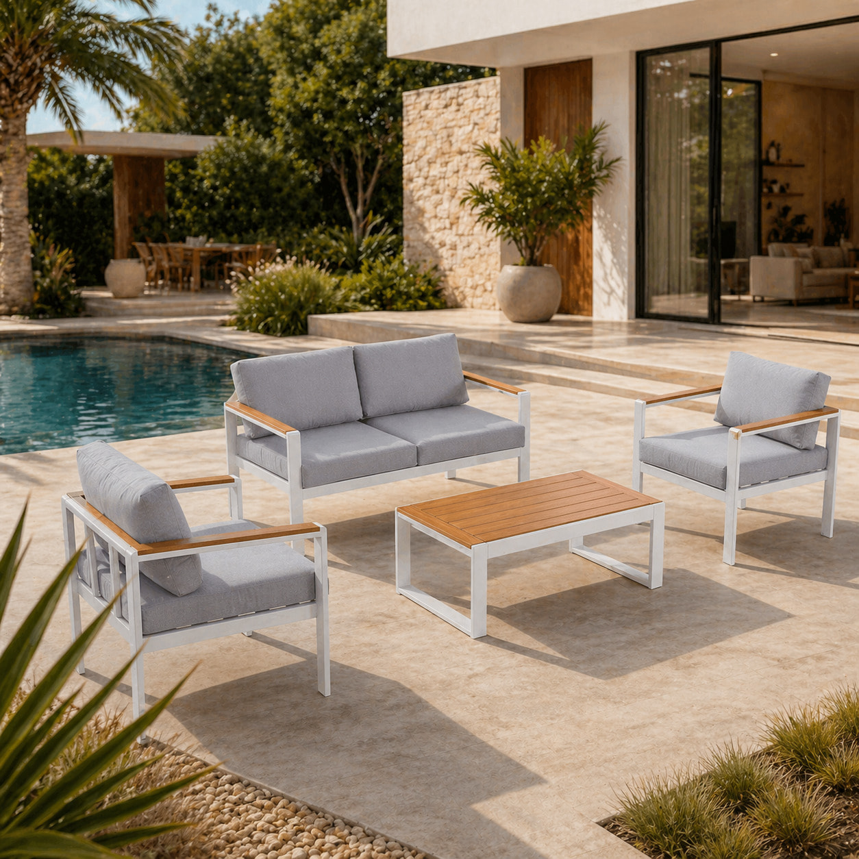 Salon de jardin bas 4 places en aluminium blanc MARTINO
