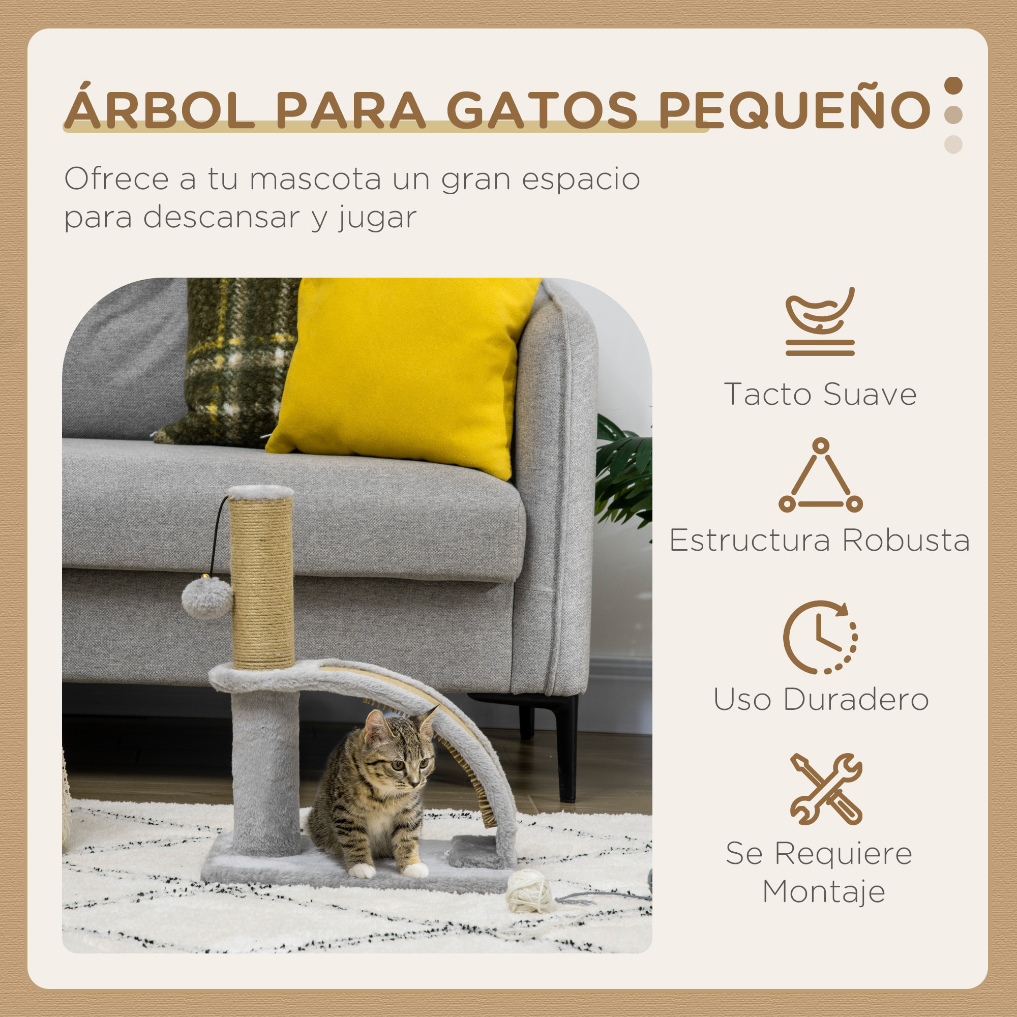 Árbol Rascador para Gatos Altura 43 cm Mini Árbol para Gatos Torre para Gatos con Tabla para Rascar Bola Colgante y Poste de Yute Gris
