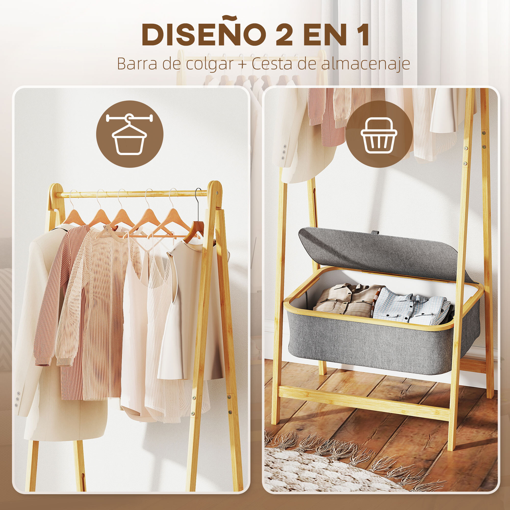 Burro Ropa de Bambú con Cesta de Tela con Tapa, Perchero Burro Ropa Plegable, Perchero para Recibidor, Entrada, Dormitorio, 60x44,5x157,5 cm, Natural y Gris