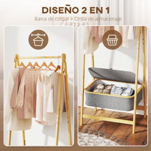 Burro Ropa de Bambú con Cesta de Tela con Tapa, Perchero Burro Ropa Plegable, Perchero para Recibidor, Entrada, Dormitorio, 60x44,5x157,5 cm, Natural y Gris