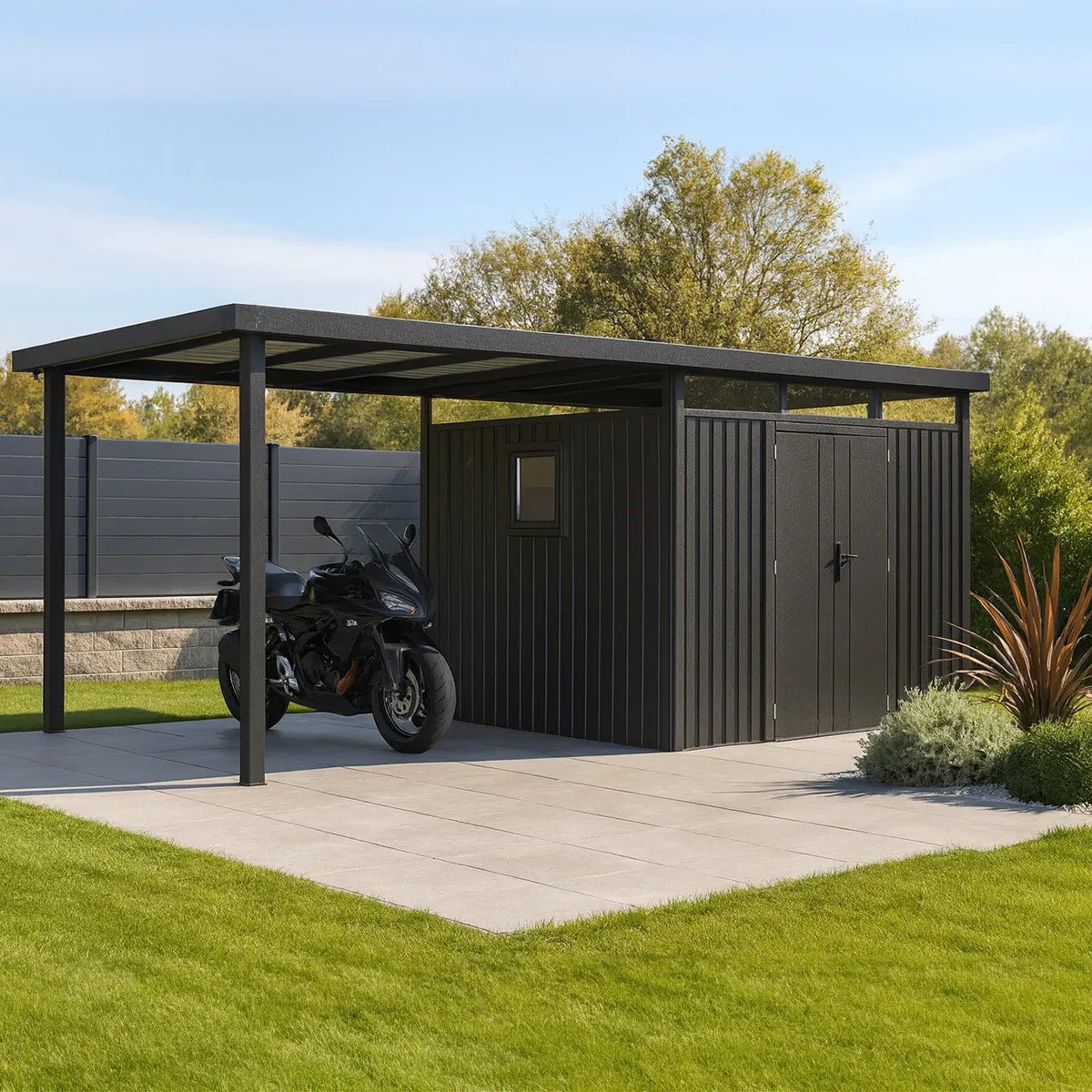 Abri de jardin métal anthracite 5.71 m² avec toit latéral – Idéal pour vélos et scooters
