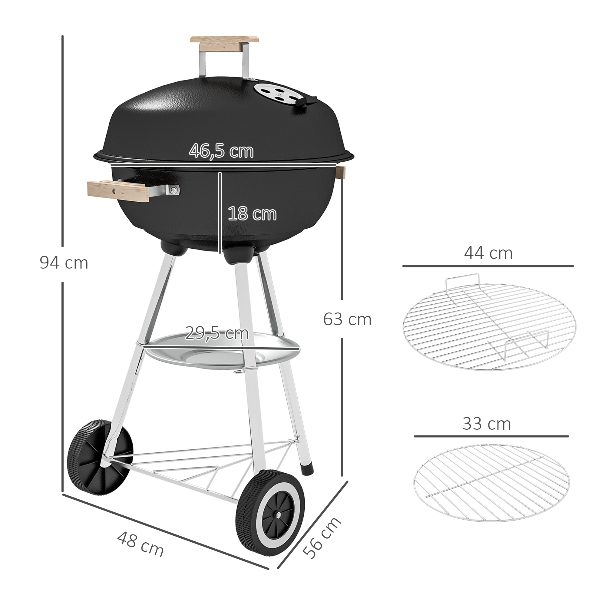 Barbacoa de Carbón Vegetal con Ruedas Parilla de Carbón BBQ Portátil Tapa y Tazón Esmaltados Mangos de Madera 48x56x94 cm para Jardín Exterior Picnic Acampada