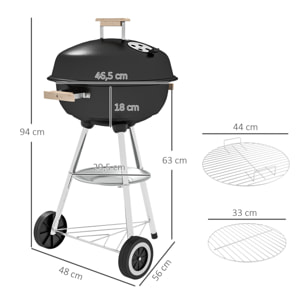 Barbacoa de Carbón Vegetal con Ruedas Parilla de Carbón BBQ Portátil Tapa y Tazón Esmaltados Mangos de Madera 48x56x94 cm para Jardín Exterior Picnic Acampada