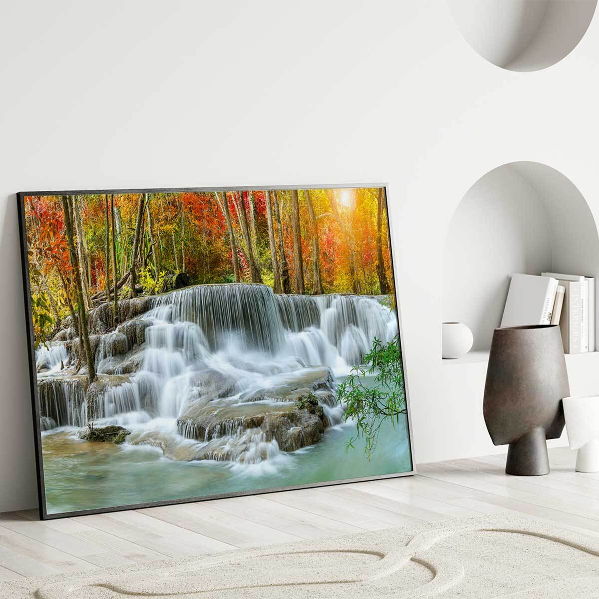 Affiche encadrée – Cascade en forêt automnale Affiche + cadre en métal - Noir