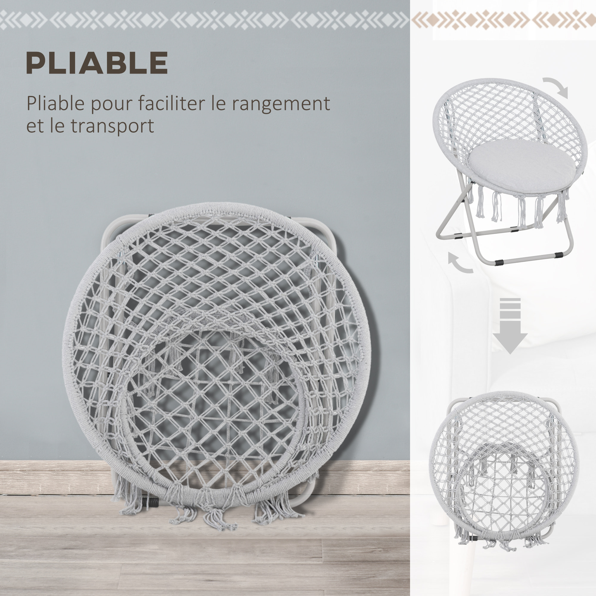 Loveuse fauteuil rond de jardin fauteuil lune papasan pliable grand confort macramé coton polyester gris