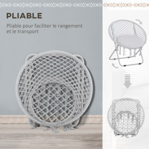 Loveuse fauteuil rond de jardin fauteuil lune papasan pliable grand confort macramé coton polyester gris