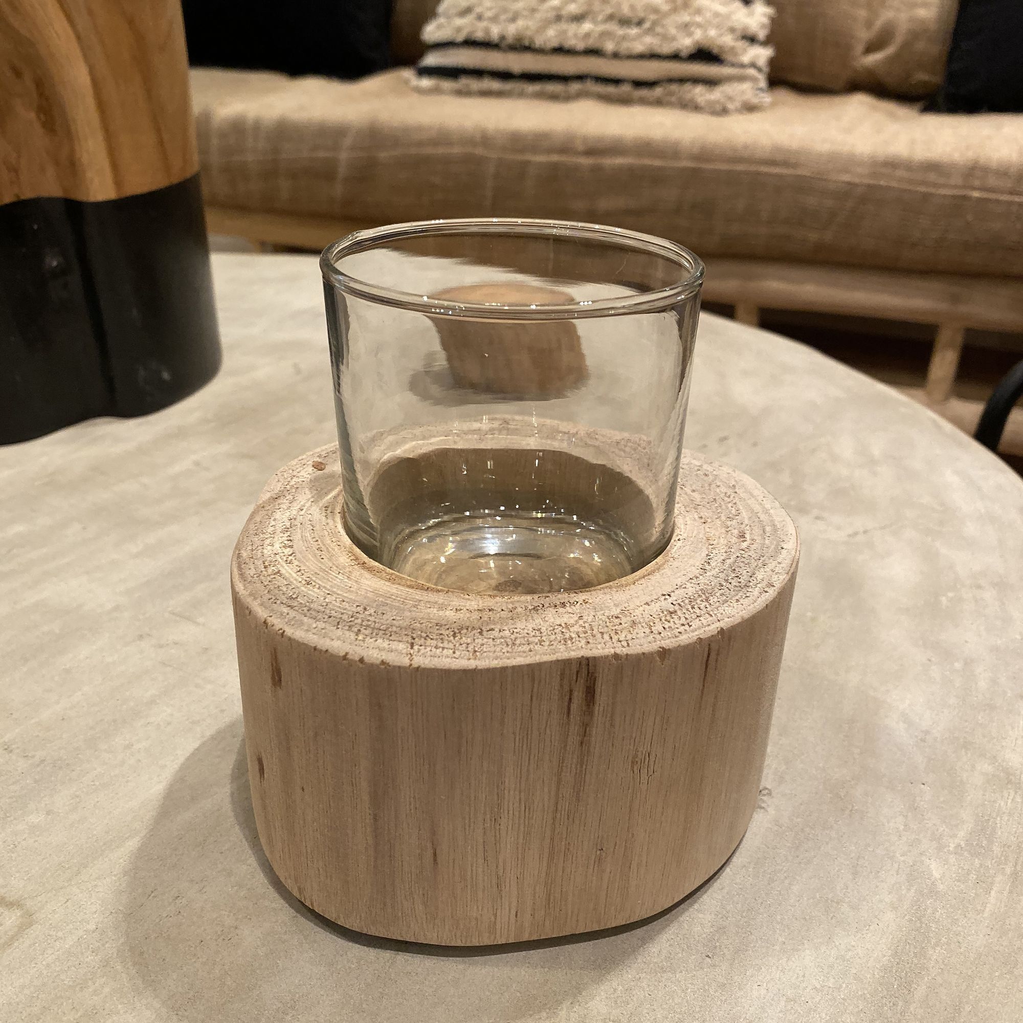 Photophore en verre avec base en teck