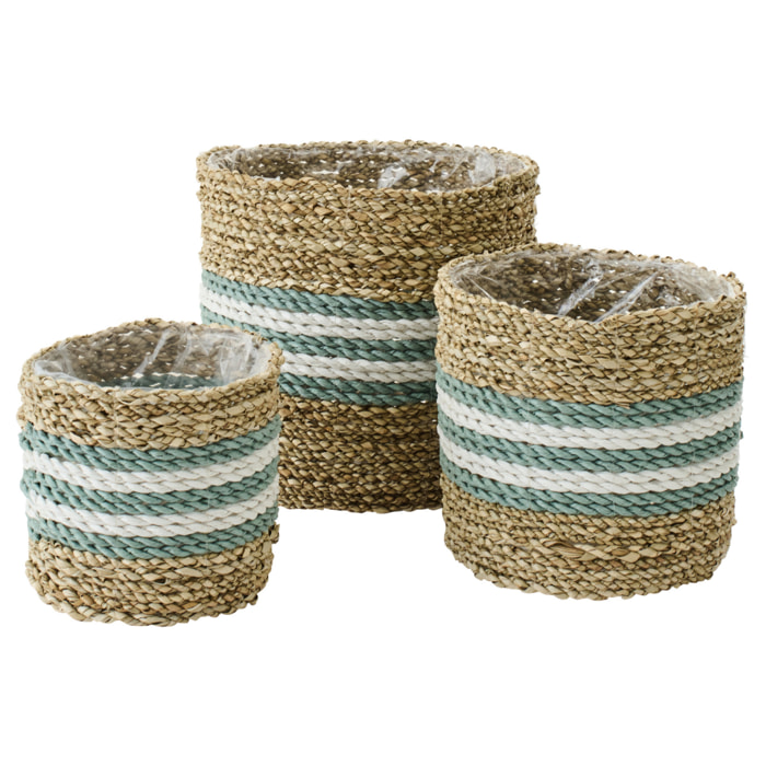 J-Line Cache-pot Ligné - rotin - naturel/turquoise - set de 3