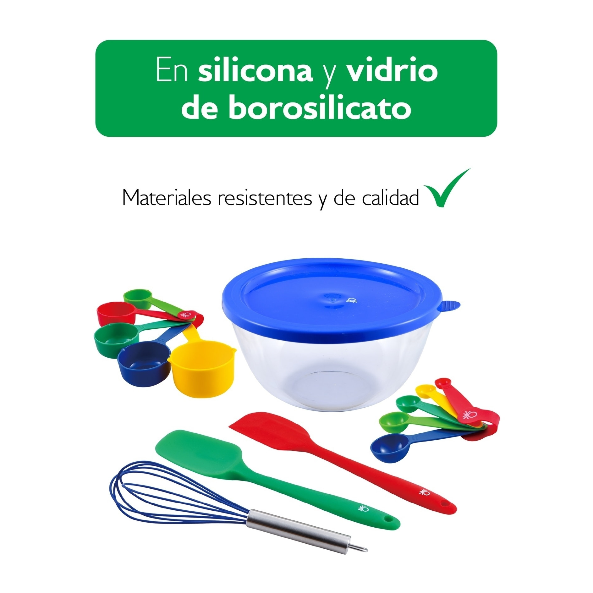 Set 14 piezas para repostería (bol + cuchara + espátula + batidor + 5 tazas de medición + 5 cucharas medidoras), Benetton