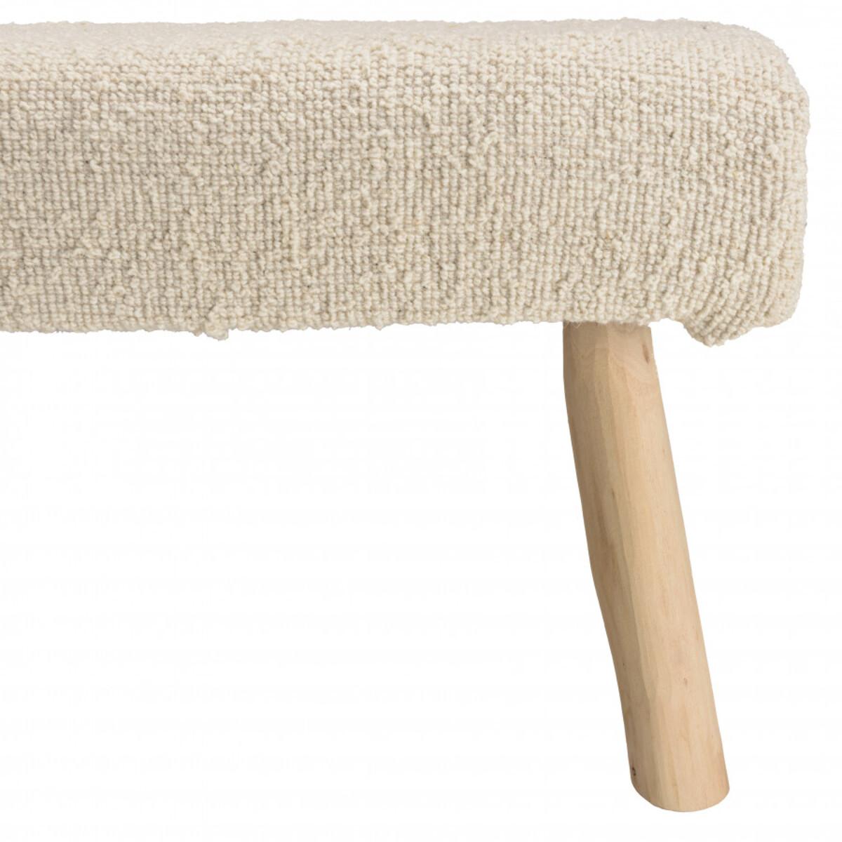 CHARLES - Banc 120x40cm en laine texturée ivoire pieds en bois naturel