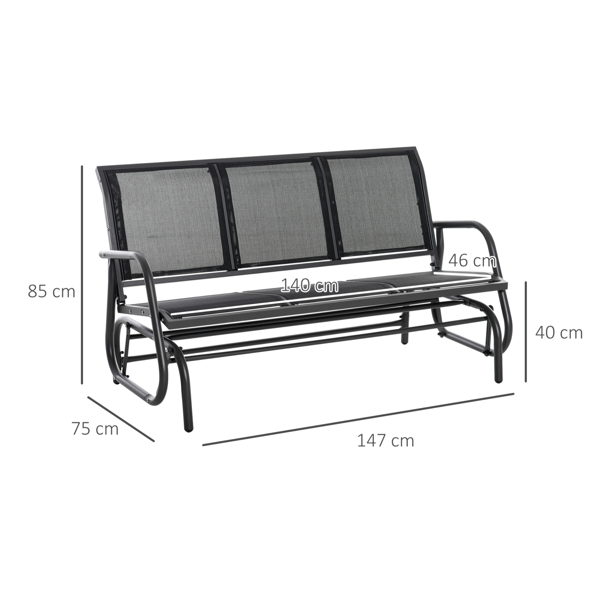 Banco de Jardín Exterior de 3 Plazas Mecedora de Exterior con Reposabrazos Carga 300 kg para Terraza Balcón Patio 147x75x85 cm Negro