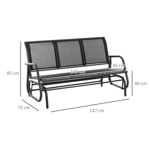 Banco de Jardín Exterior de 3 Plazas Mecedora de Exterior con Reposabrazos Carga 300 kg para Terraza Balcón Patio 147x75x85 cm Negro