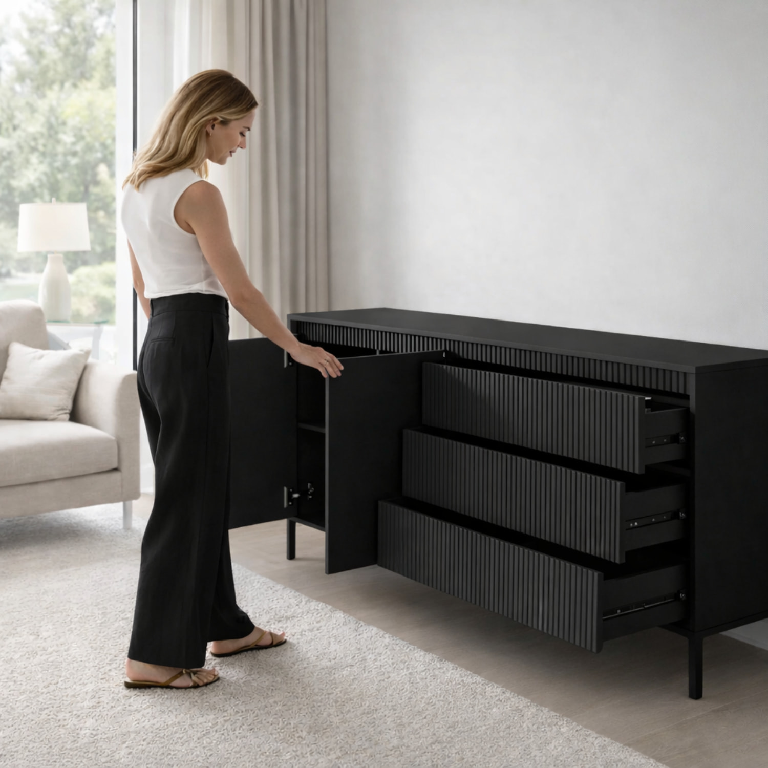 Madia Credenza 2 Ante 3 Cassetti Push To Open Con Ripiani E Vani Mobile Soggiorno Design Moderno Con Piedini In Metallo 187.1 x 81.4 x 39.5 Cm Nero