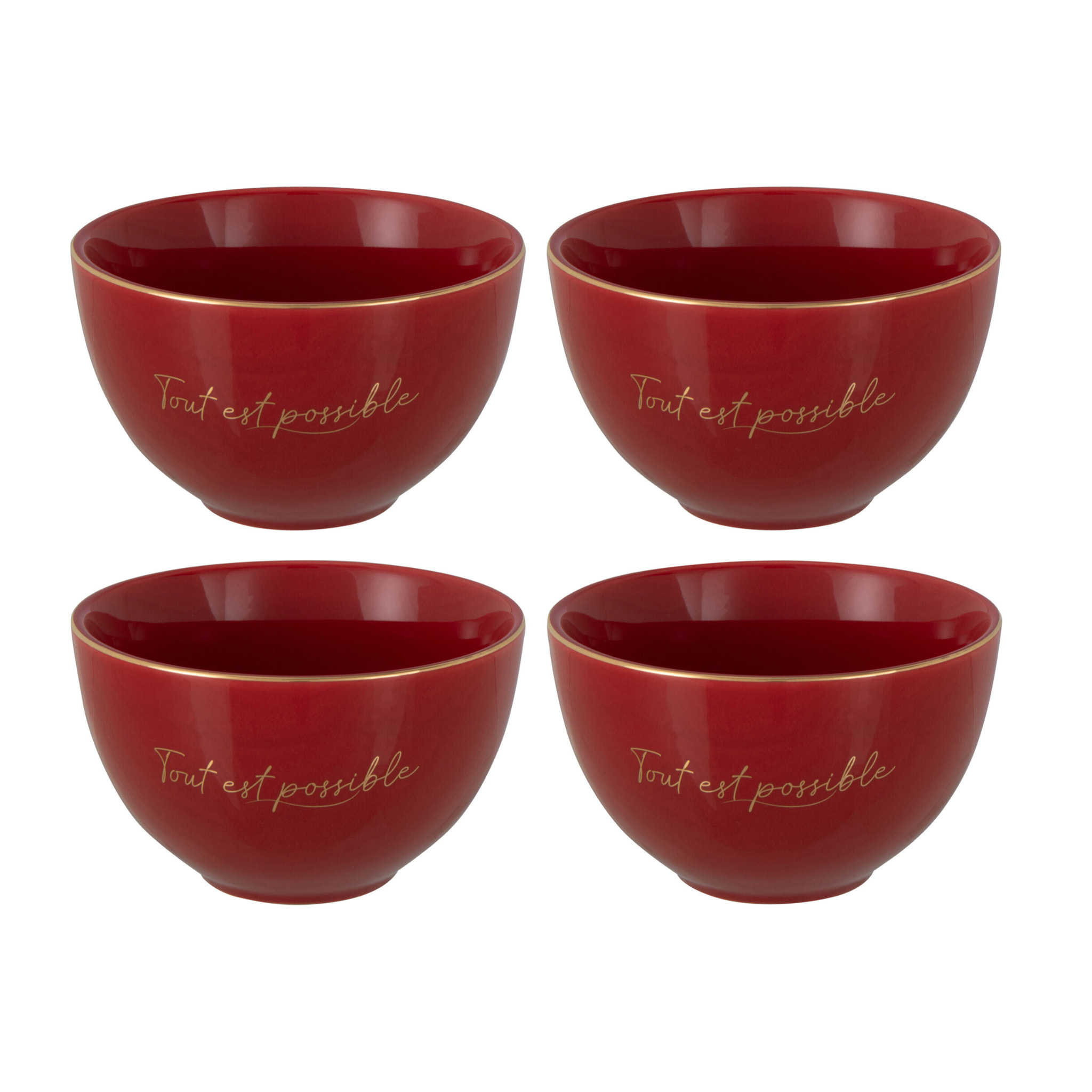 J-Line bol 'Tout Est Possible'- porcelaine - rouge/or - small - 4 pcs