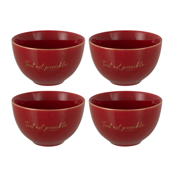 J-Line bol 'Tout Est Possible'- porcelaine - rouge/or - small - 4 pcs