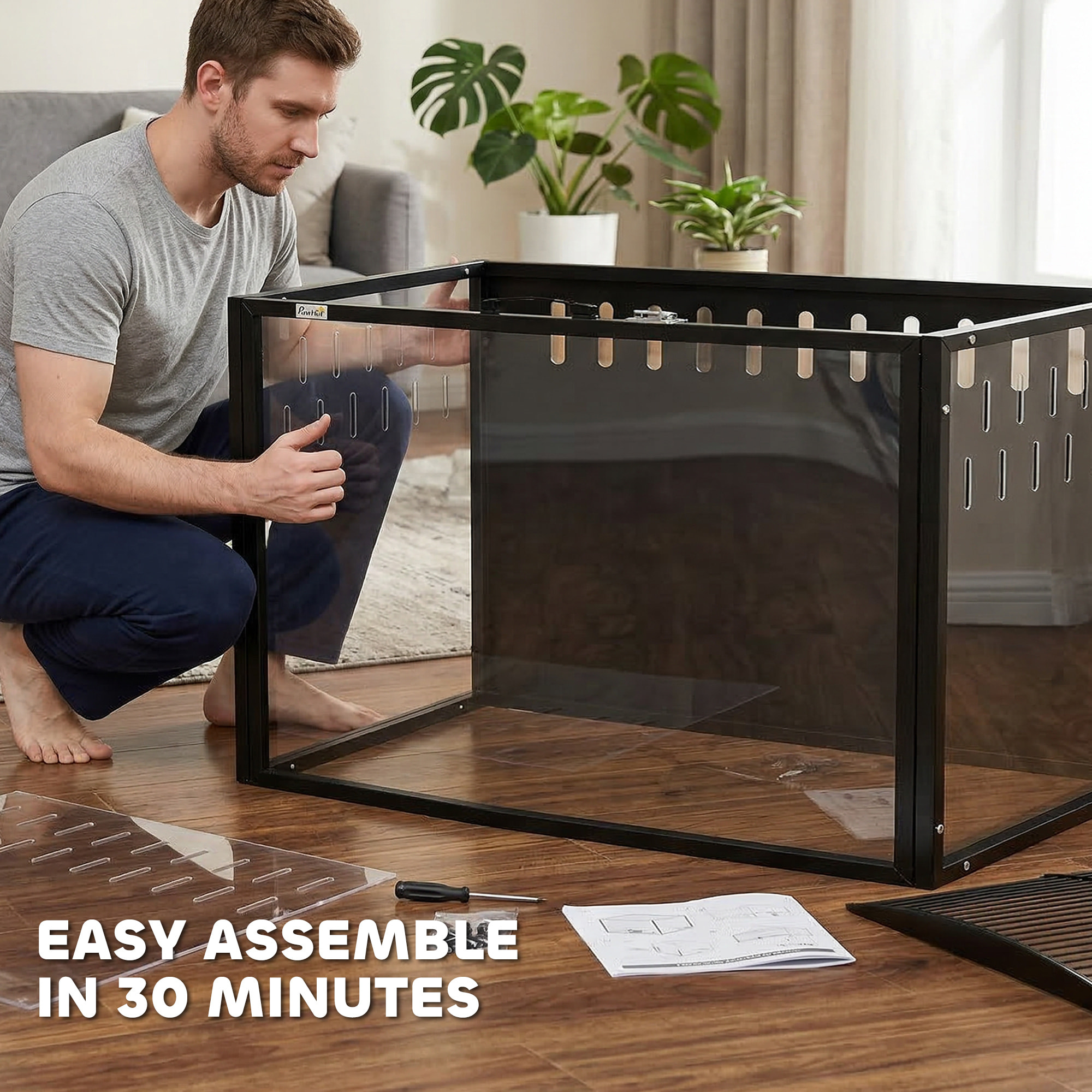 Cage hamster rongeur acier noir acrylique transparent toit ouvrant 105x51x53cm