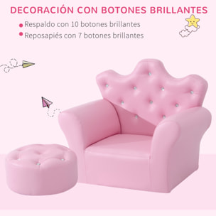 Sofá para Niños con Reposapiés Sillón Infantil Decorativo con Respaldo Alto en Forma de Corona y Reposabrazos Acolchado 58x40,5x49 cm Rosa