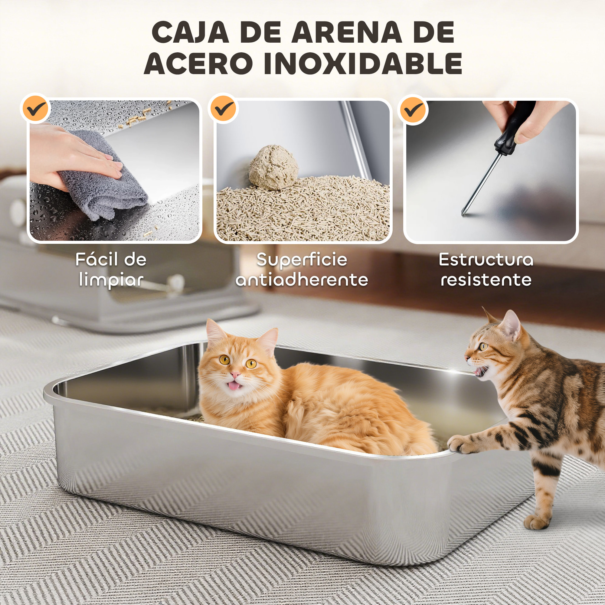 Arenero para Gatos de Acero Inoxidable XXL, Caja de Arena para Gatos Grandes, Arenero con Tapa Abatible, Laterales Altos, Entrada Superior, Pala, sin Olores, Fácil de Limpiar, Antifugas, Gris