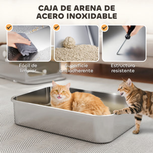 Arenero para Gatos de Acero Inoxidable XXL, Caja de Arena para Gatos Grandes, Arenero con Tapa Abatible, Laterales Altos, Entrada Superior, Pala, sin Olores, Fácil de Limpiar, Antifugas, Gris